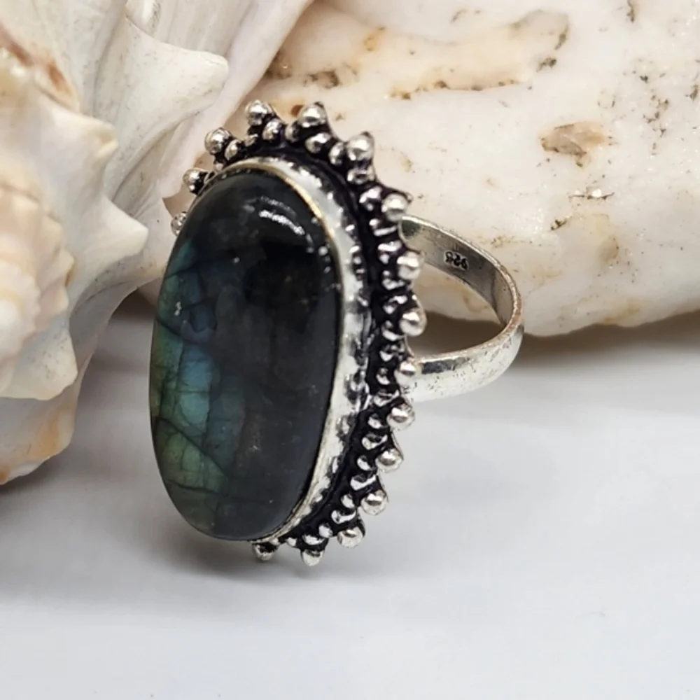 Boho Silver Ring Impressive Large Natural Labradorite Stone 925 Silver